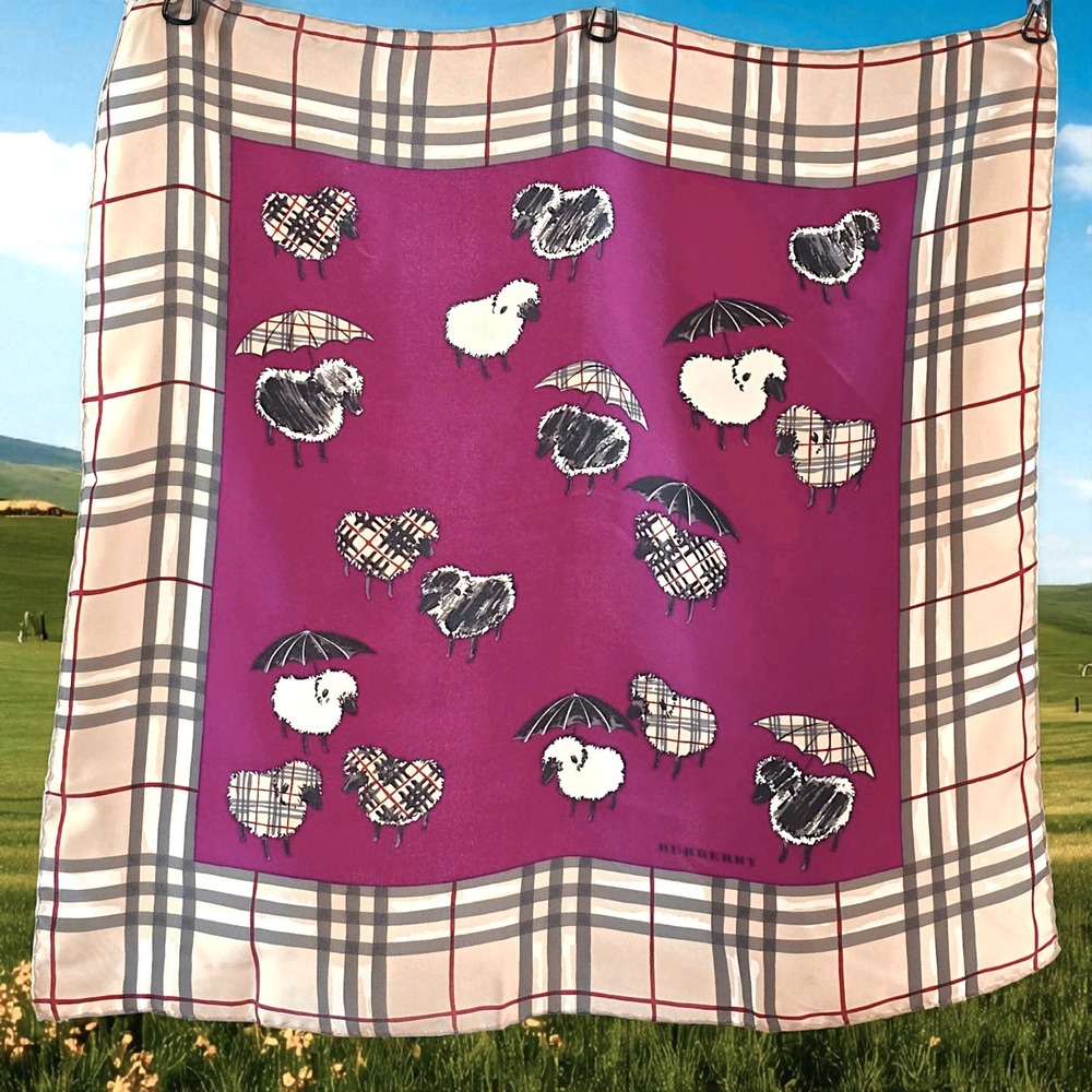 Burberry Silk Scarf Nova‎ Check Sheep Umbrella Print 18.5" Square Made in...